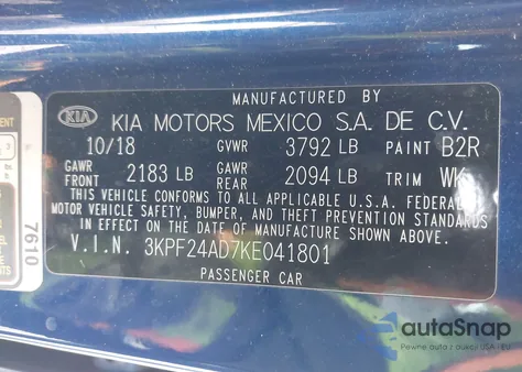 2019 Kia Forte Lxs from USA, damaged, VIN 3KPF24AD7KE041801
